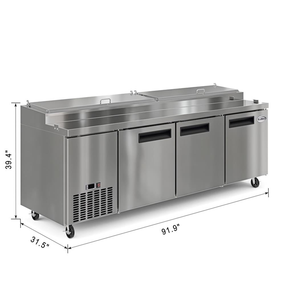 Pemberly Row Silver 92" 3 Door Commercial Pizza Prep Refrigerator in Steel