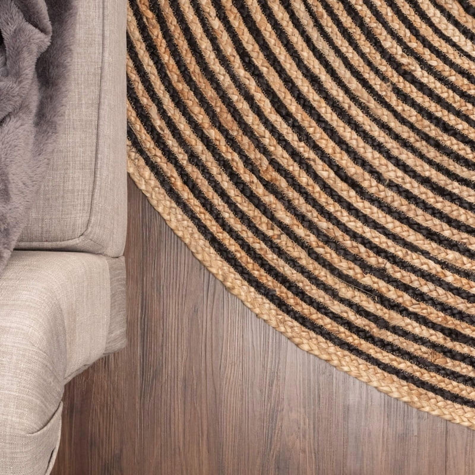 Jute Round Natural Braided Reversible Area Rug , Eco Friendly Rustic Farmhouse Boho Carpet for Living Room, Bedroom, Kitchen, Dining, Black, 4 FT