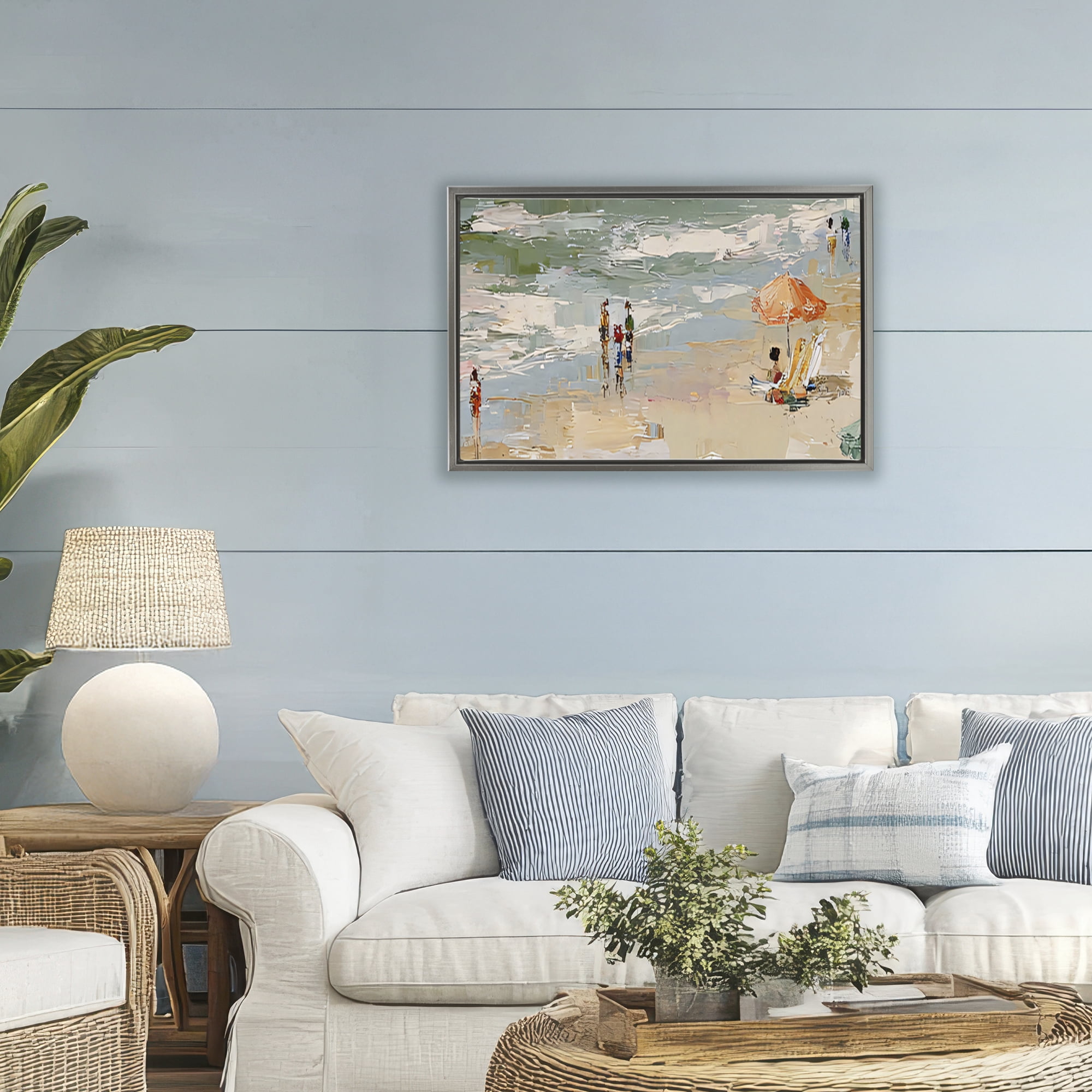 Stupell Industries Impressionist Summer Beach Day Gray Framed Floater Canvas Wall Art, design by Jacky Ngan