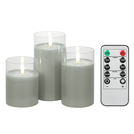 

3PCS Flickering Flameless Candle Lights Kit with Controller Dynamic& Constant Bright Effect 50%&100% Dimmable Brightness Adjustable 2H&4H&6H&8H 4 Levels Timer 2 * AA Cell Operated for Indoo
