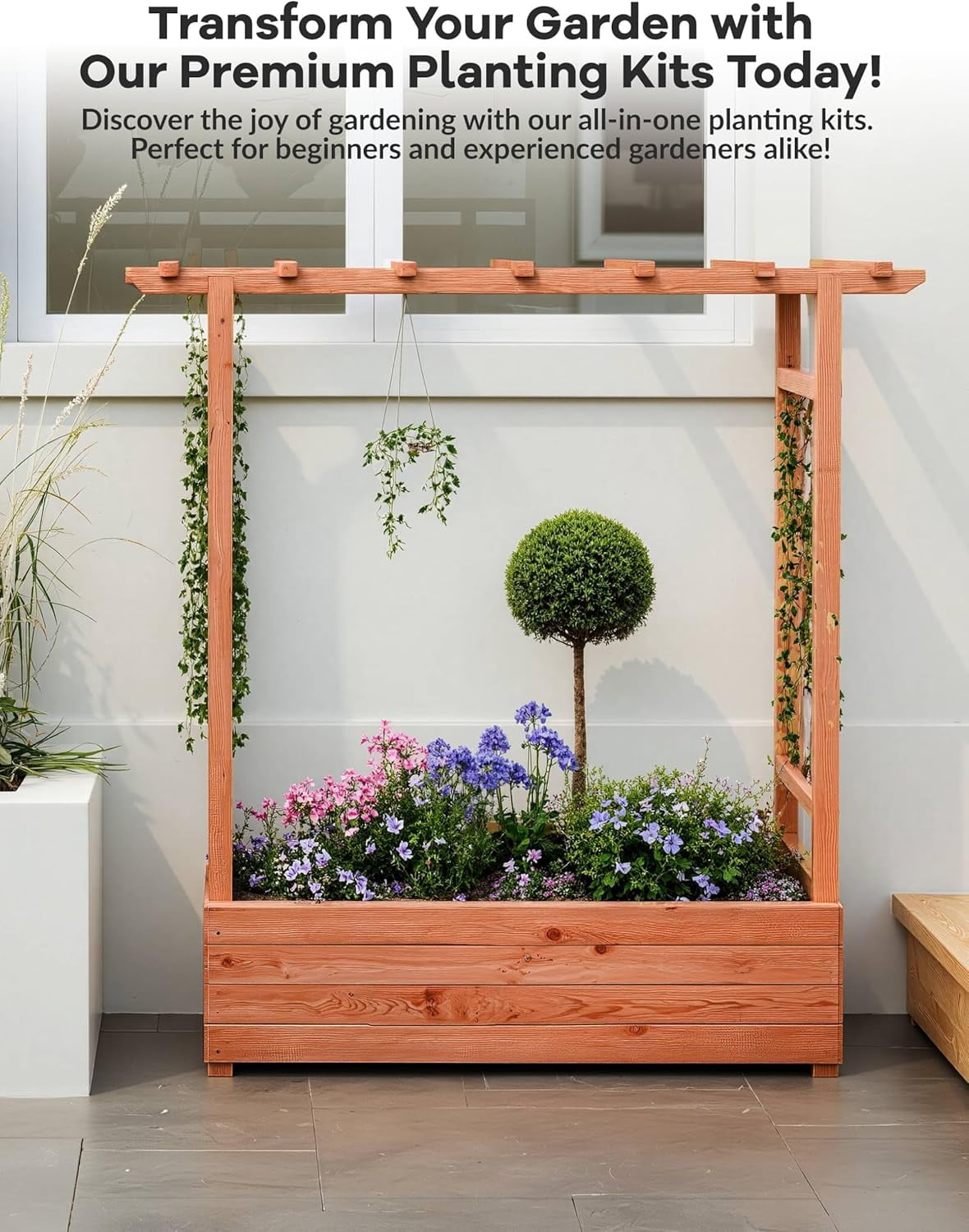 Riedhoff Wooden Raised Garden Bed with Trellis, Hanging Roof & Side Trellis, 43 x 17 x 45"