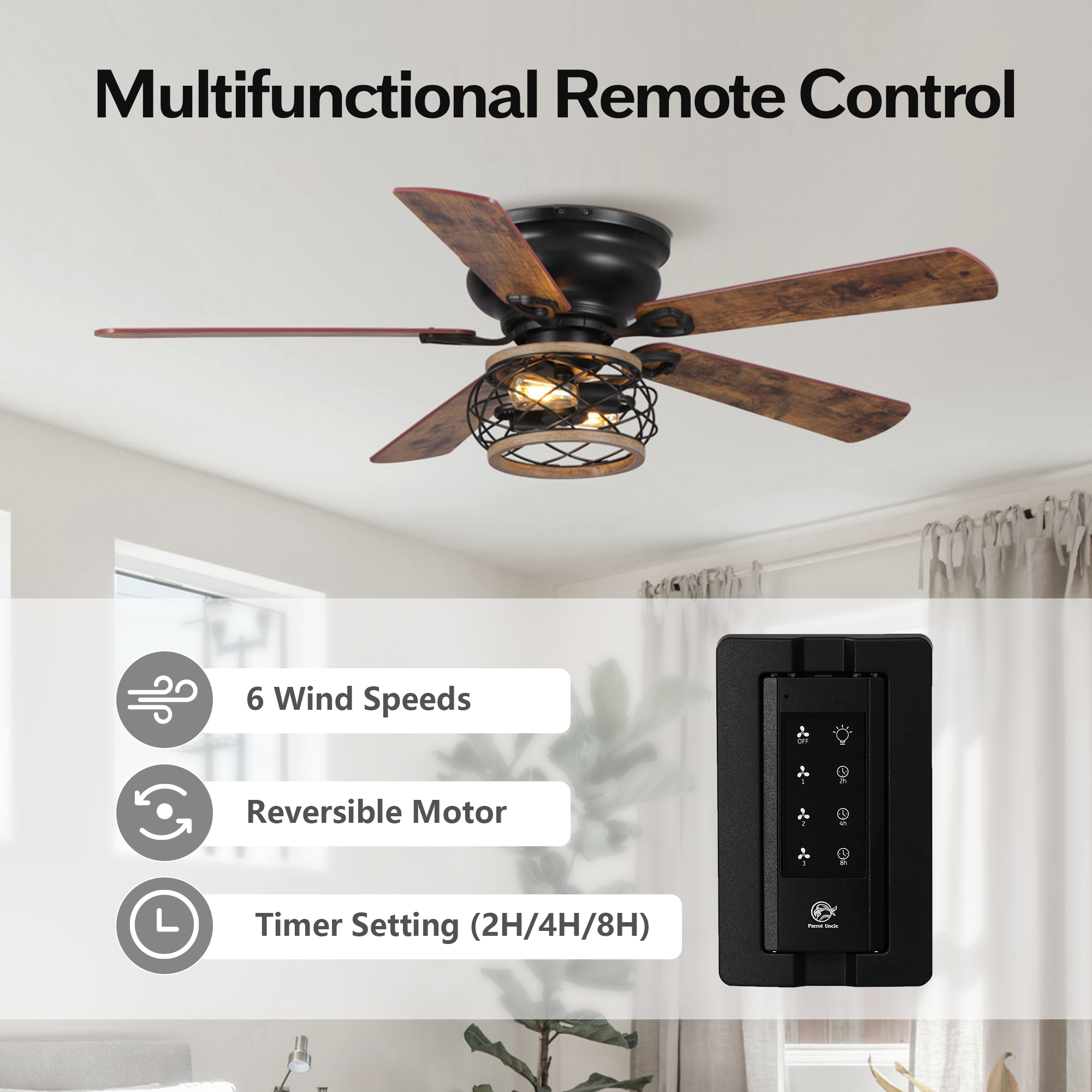 48" Farmhouse Black 5 Reversible Blades Flush Mount Ceiling Fan with Light and Remote Control