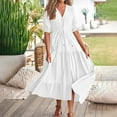 thumbnail image 2 of Casual Print V-Neck Long Dress Plus Size Summer V Neck Boho Floral Dress Short Sleeve Beach Long Dress for Women White XL, 2 of 7