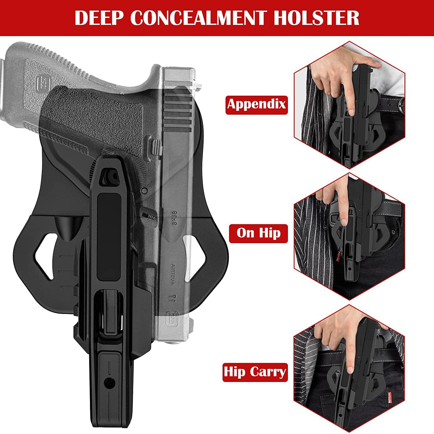 Suitable for all Double Stack Glock 9mm/SW40/357 holsters with integrated rails