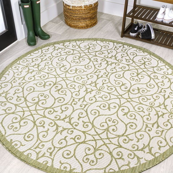 JONATHAN Y SANTA MONICA 5' Round Area Rug, Madrid Vintage Filigree Textured Weave - Green/Cream, SMB107H-5R