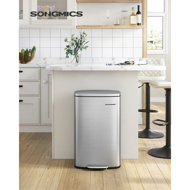 SONGMICS 13 Gallon (50 L) Trash Can, Stainless Steel Kitchen Garbage Can, Recycling or Waste Bin, Soft Close, Step-On Pedal, Removable Inner Bucket, Silver