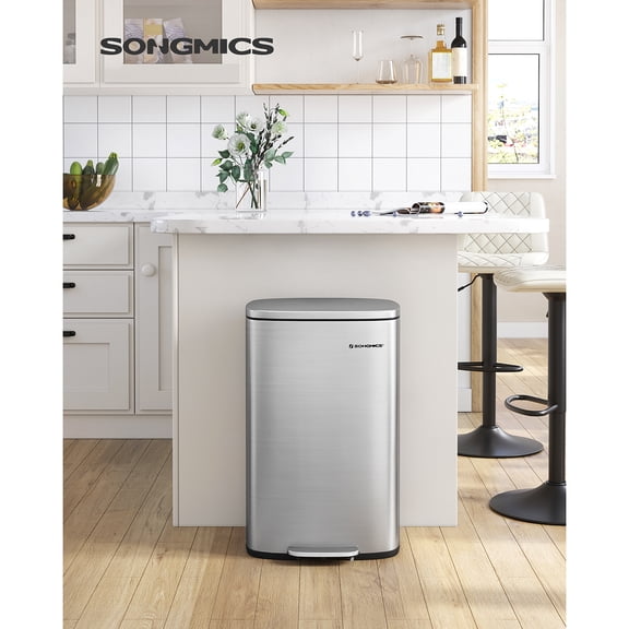 SONGMICS 13 Gallon (50 L) Trash Can, Stainless Steel Kitchen Garbage Can, Recycling or Waste Bin, Soft Close, Step-On Pedal, Removable Inner Bucket, Silver