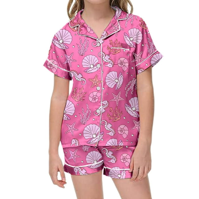 Ensemble de Pyjama en Satin pour Filles Classique avec Haut à Manches Courtes Élégant et Shorts Confortables