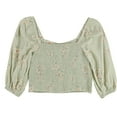 thumbnail image 2 of American Eagle Womens Ruched 3/4 Printed Ruffled Blouse, Green, Small, 2 of 2