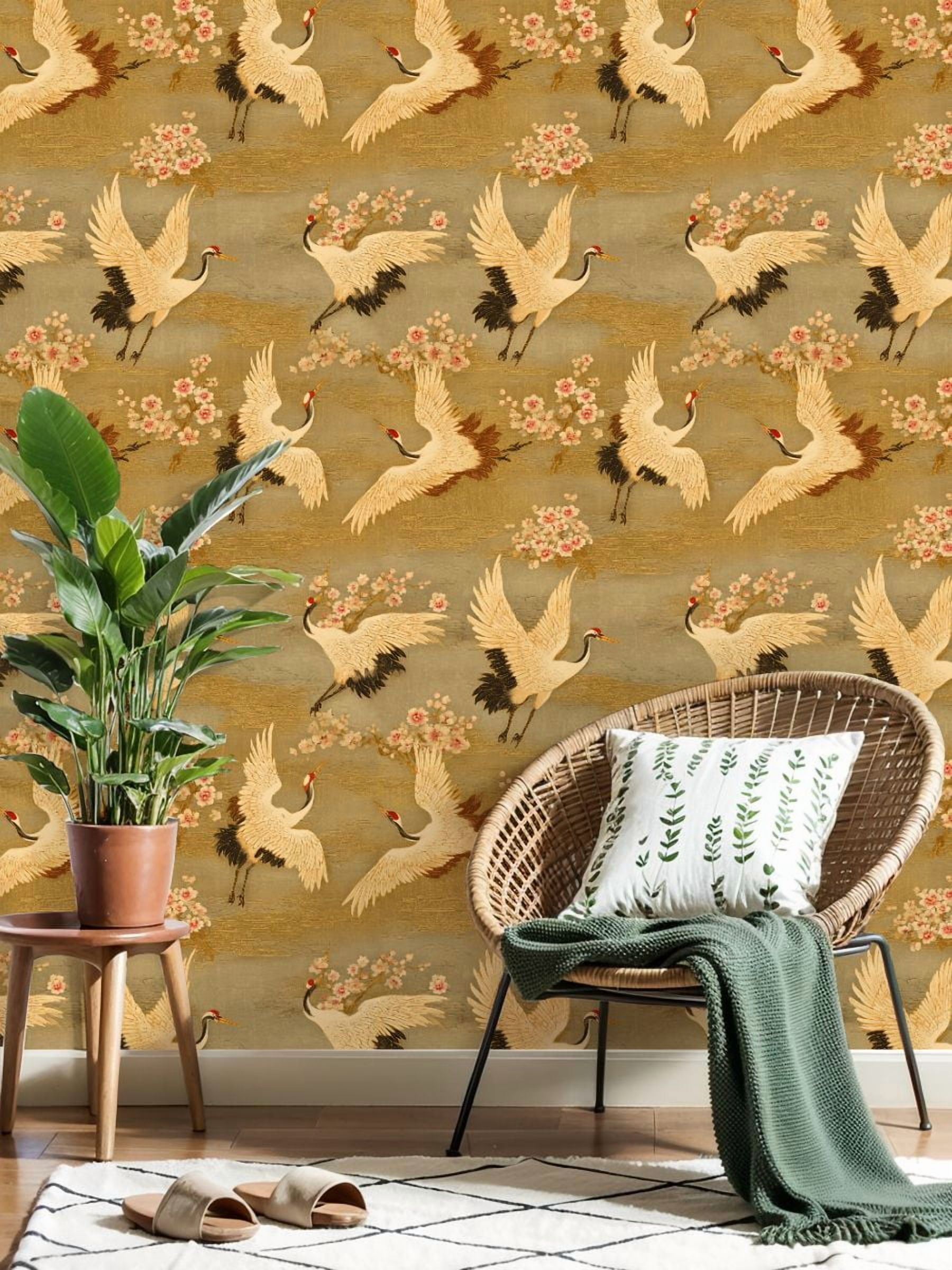Cranes Peel and Stick Wallpaper 23.6in x 9.8ft Elegant Crane Birds Among Cherry Blossoms Golden Contact Paper Vinyl Waterproof Self Adhesive Wall Paper for Bedroom Shelf Cabinet Renter Friendly