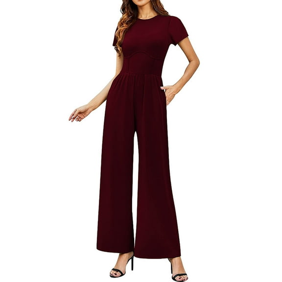 cfhntfmh Dressy Jumpsuits for Women Summer Loose Short Sleeve Crewneck Outfits Ribbed Knit Wide Leg Flowy Rompers with Pockets