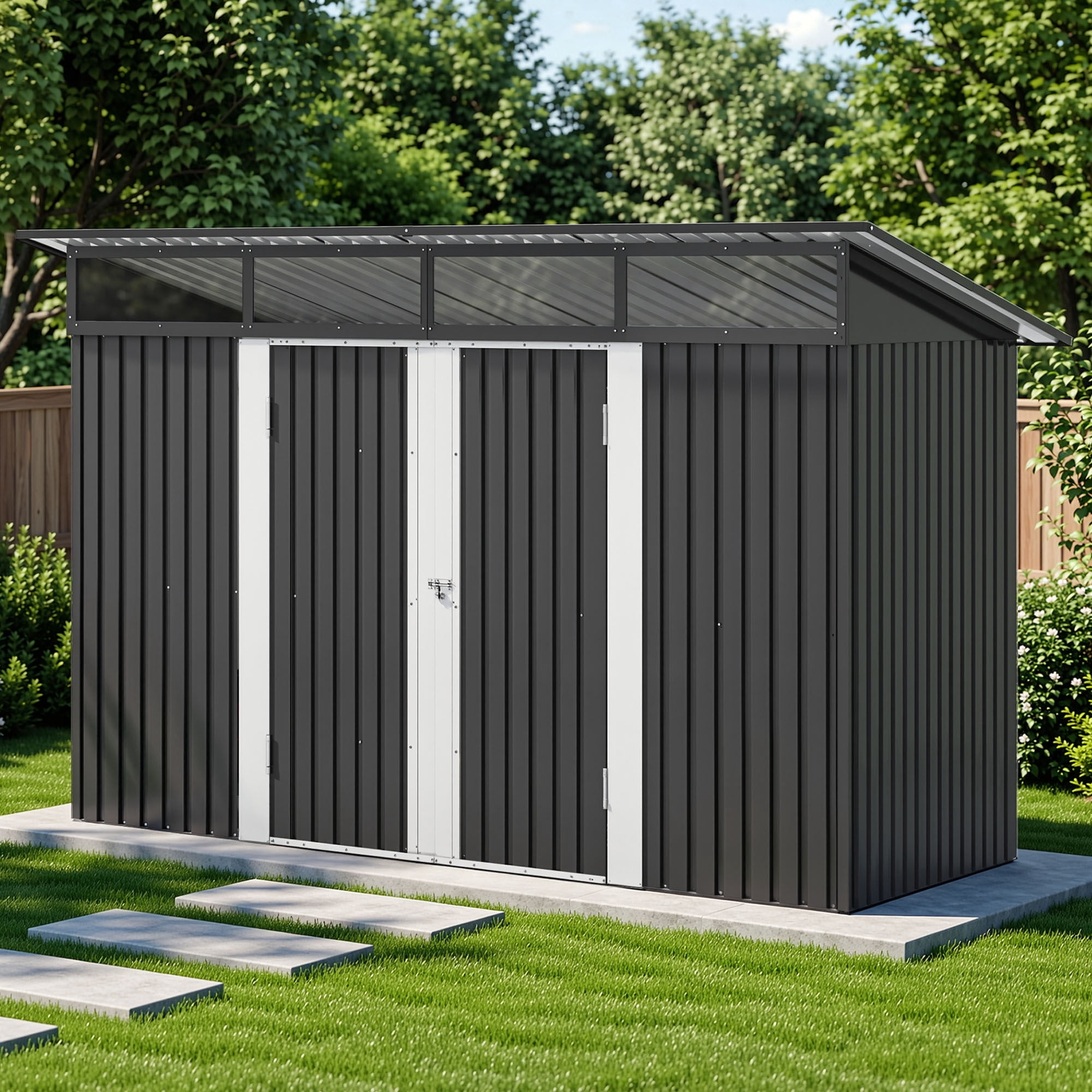 Uforic 9 x 4 FT Outdoor Storage Shed, Weather Resistant Metal Tool Shed with Acrylic Windows and Lockable Door, Multi-Functional Storage Shelter for Bikes Tools Waste Outdoor Patio Garden, Dark Gray