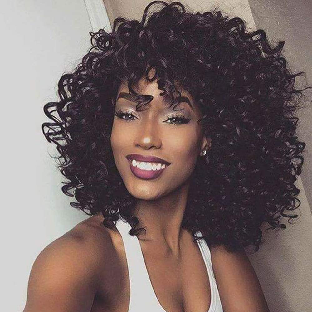 Short Black Kinky Curly Wig with Bangs Fluffy Wavy Synthetic Afro Curly Hair  Wigs | Walmart Canada