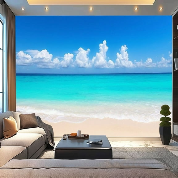 Peel and Stick Wallpaper Word Paradise Beach Travel Clear Blue Sky Calm Ocean Shallow Water Modern Art Wall Mural Decor Self Adhesive and Removable 100in x 144in