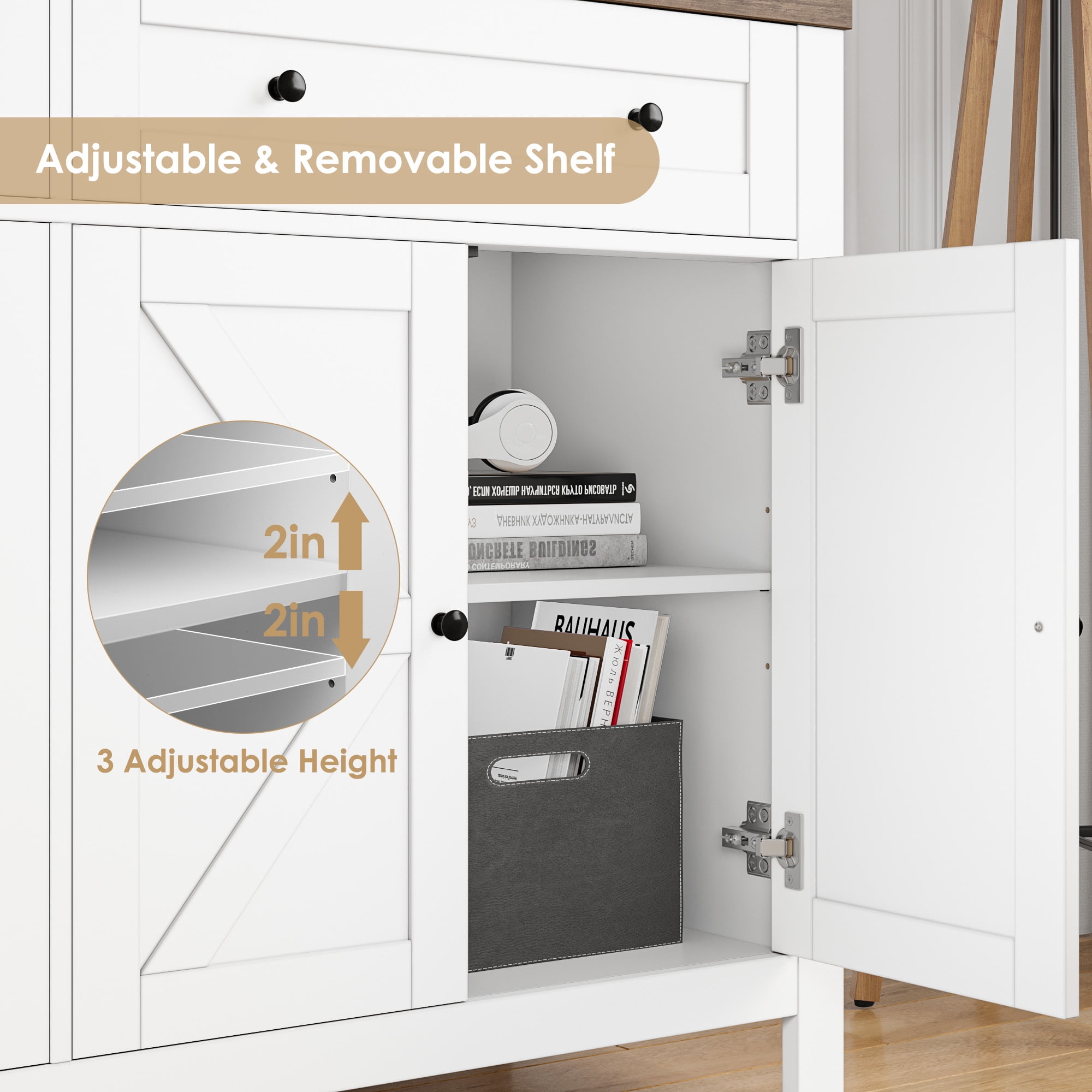 Homfa Farmhouse Kitchen Buffet Storage Cabinet, 4-Doors 2 Large Drawer Wood Sideboard Credenza with Adjustable Shelves, White-Brown