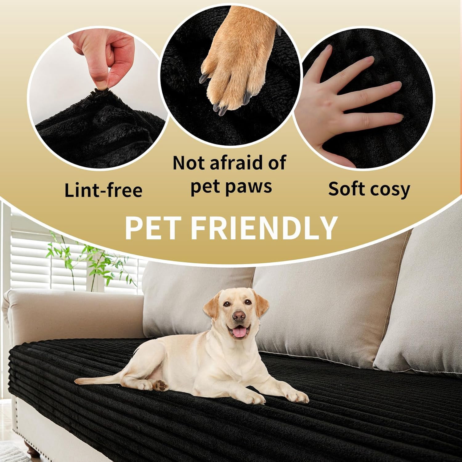 Waterproof Couch Cover for Dogs Washable, Faux Fur Pet Couch Covers for Sofa, Soft Dog Bed Cover Non-Slip Couch Covers for 3 Cushion Couch Sofa Pet Friendly (Black, 35" x 74")
