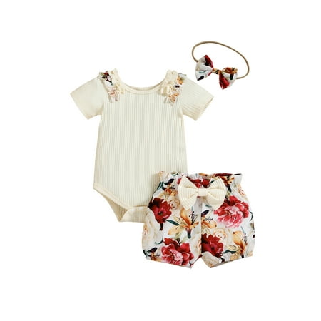 

Musuos Infant Girls Three-piece Layette Round Neck Ribbed Romper Flower Print Shorts and Headband