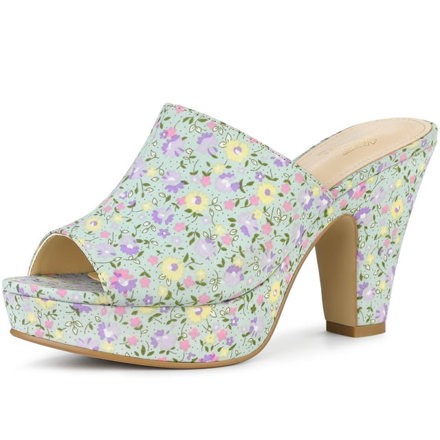 BLISSFUL STEP Women's Platform Floral Chunky Heel Slides Sandals Green (Size 6)