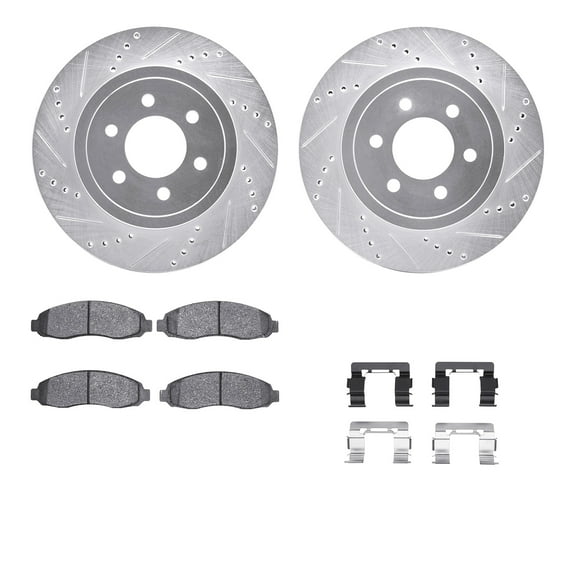 Dynamic Friction Company Front Brake Rotors-Drilled and Slotted-Silver with 5000 Advanced Brake Pads includes Hardware 7512-40086
