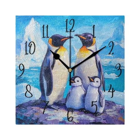 WOBOGO Penguin Family Pattern Wall Clock 7.78 Inch Battery Operated Silent Unit Square Rustic Vintage Style for Home Bedroom Office Black Pointer