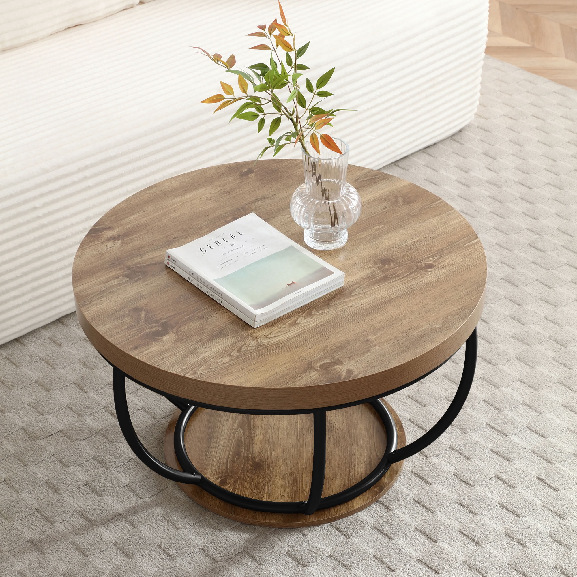 MAYEERTY 31 Inch Round Coffee Table, 2-Tier Cocktail Table with Metal Frame, Dual Storage Shelves for Living Room Apartment Home Office