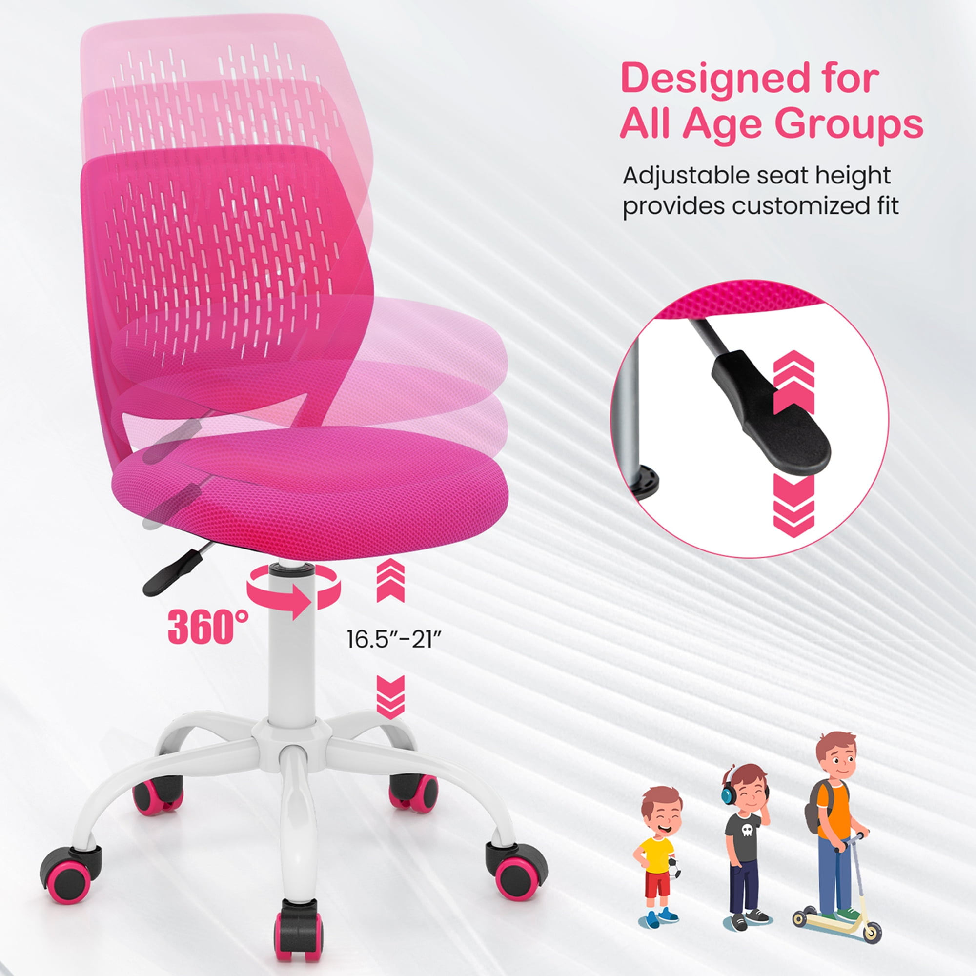 Costway Kids Desk Chair Ergonomic Swivel Children Mesh Study Height Adjustable Rose
