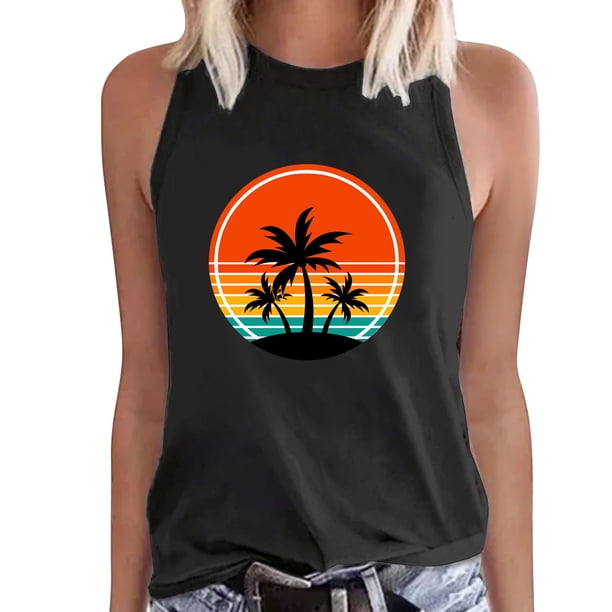 Gibobby Mujeres Casual Cocotero Impresión Mangas Cuello Redondo Camiseta Suelta Blusa Tops(Negro,XG)