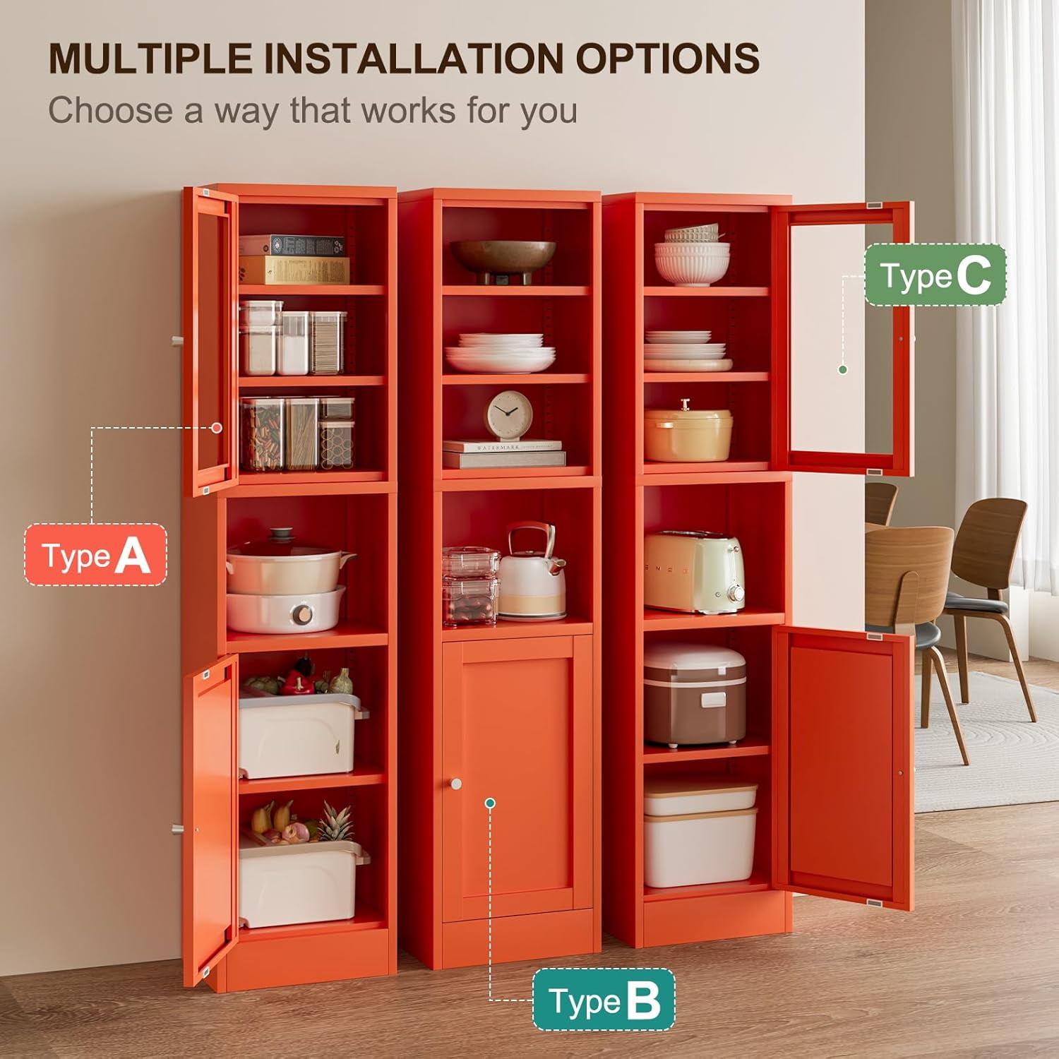 Tall Bathroom Storage Cabinet,Slim Metal Locker with Glass Doors,Freestanding Display Cabinet for Storage, Tall Narrow Cabinets for Pantry, Living Room,Entryway