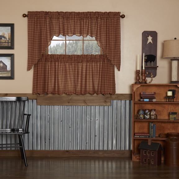 VHC Brands Burgundy Check 4 PC Curtain Set (2 Swag 36x16 and 2 Tier 24x36)