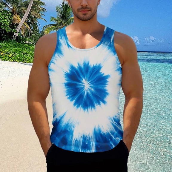 BLTIBY Men's Tank Top Tie Dye Graphic Sleeveless Beach Shirts Crew Neck Pullover Blouse for Vacation Gym Running Workout Sky Blue L