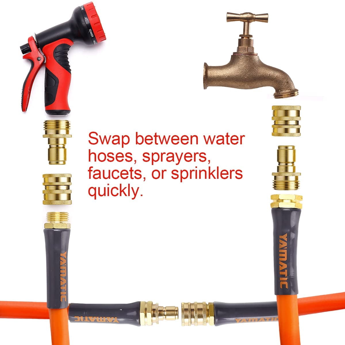 YAMATIC Solid Brass Garden Hose Quick Connect Set, 3/4 Inch GHT Water Hose Quick Connect Fittings (6 Sets)