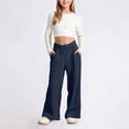 thumbnail image 2 of OSOLU Girls Pants Wide Elastic Waist Side Pockets Wide Leg Kids Casual Trousers Dark Blue, 2 of 9