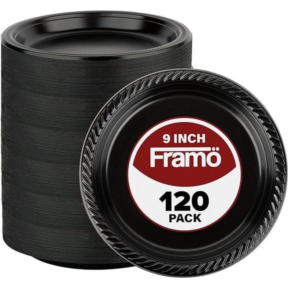 Disposable Black Plastic Plates, Pack of 120-9-Inch Round Plastic Plates Special Events, Party, Dinner, Picnic, or Travel - Bulk Pack Party Supplies
