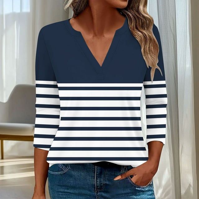 Wensltd Hauts à Manches 3/4 pour Femmes Chemises Décontractées Col en V Blouses de Travail Douces