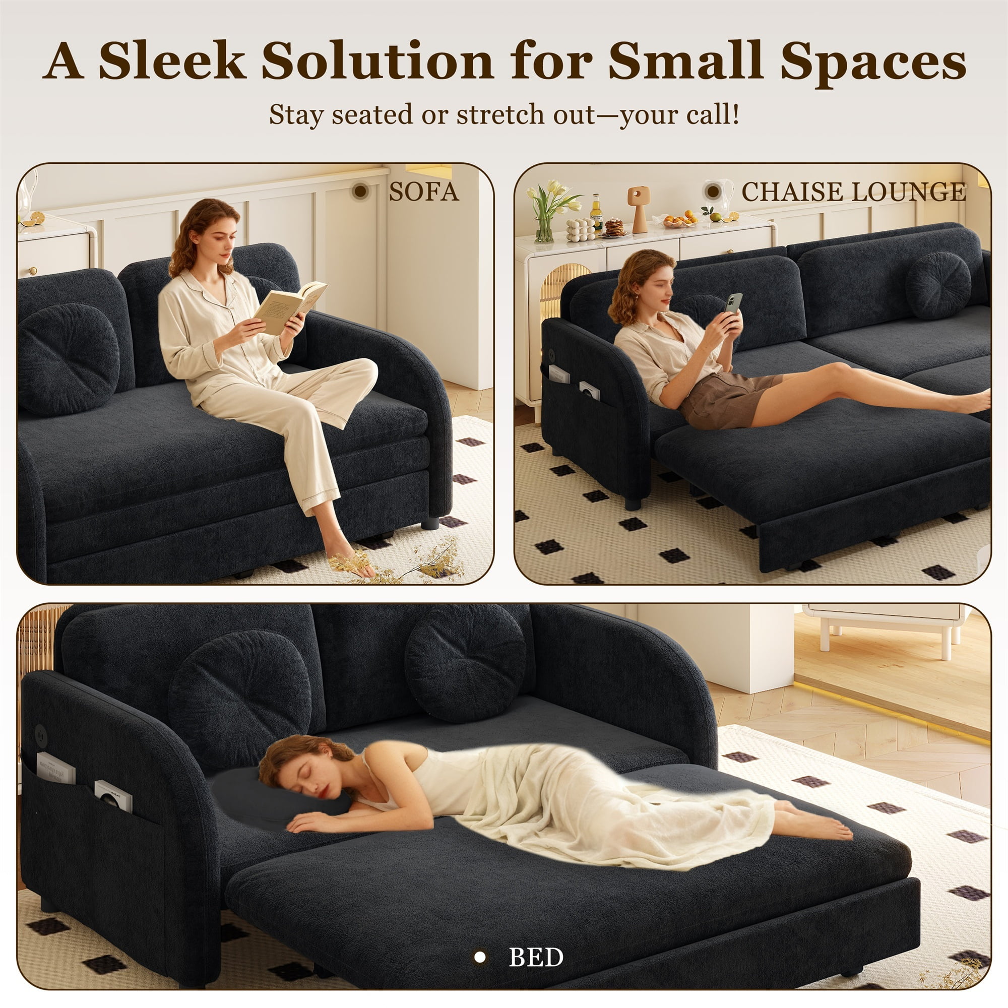 Alvantor 52" W Convertible Sleeper Sofa Bed Chenille Pull Out Loveseat with Side Pocket & USB Port & Pillows for living room, Apartment, Black