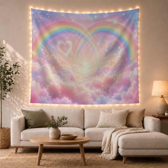Pastel Rainbow Over Pink Clouds Whimsical Celestial Wall Art for Nature Lovers, Dreamy Fantasy Decor Housewarming Gift Tapestry Wall Hanging for Bedroom, Living Room and Dorm