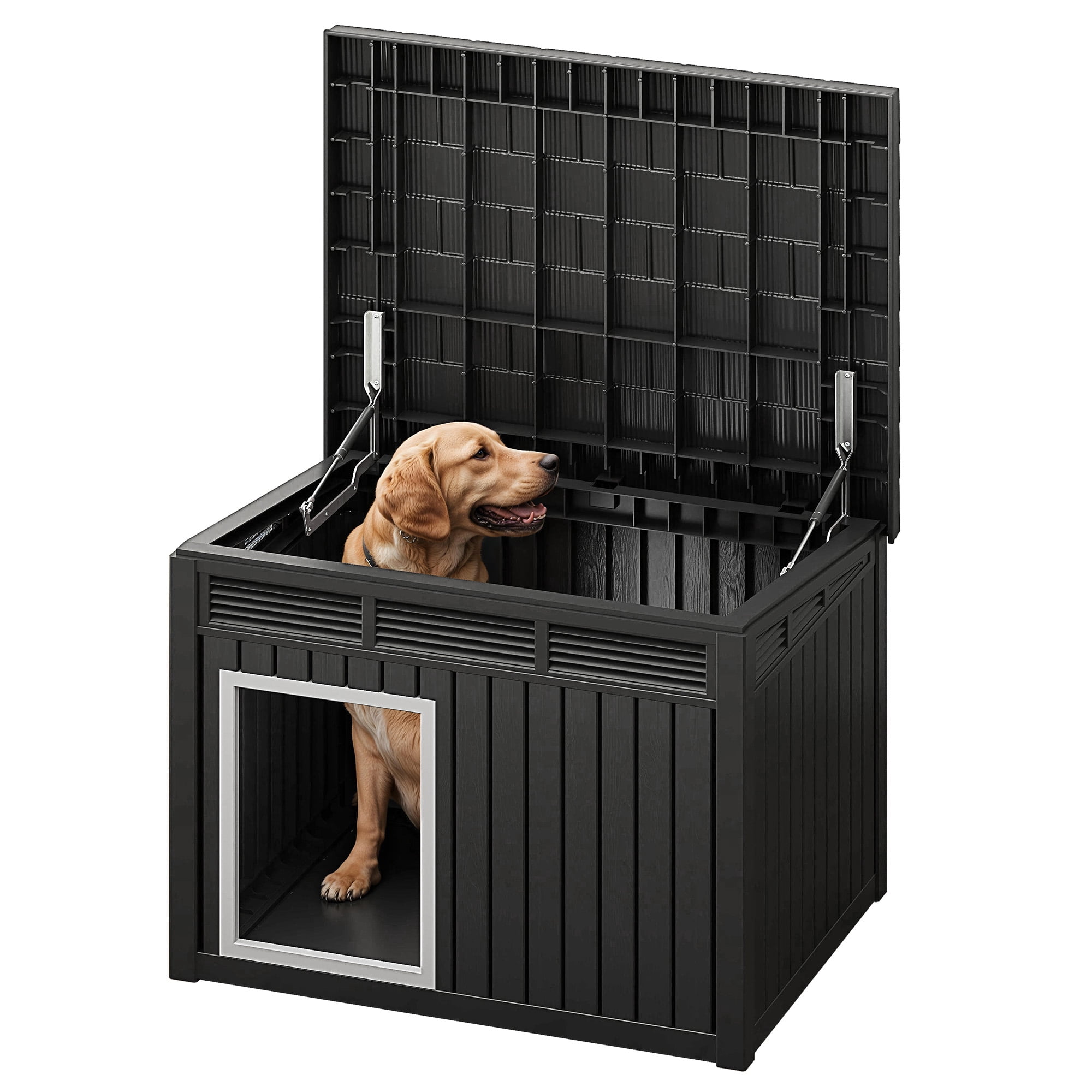 Uforic 32" Plastic Dog House, Outdoor Indoor Dog Kennel with Liftable Roof & Good Ventilation for Medium Dogs,Black