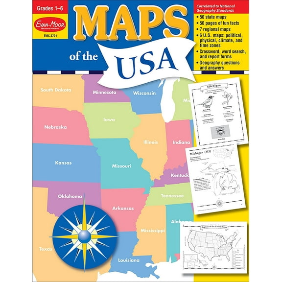 Evan-Moor Maps of the USA, Grade 1 - 6 Teacher Resource