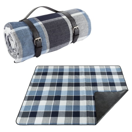Waterproof Picnic Blanket- Large Outdoor Beach Mat- Blue Plaid & Faux Leather Strap- For Travel, Camping, Festivals & Sport Events by Wakeman Outdoors
