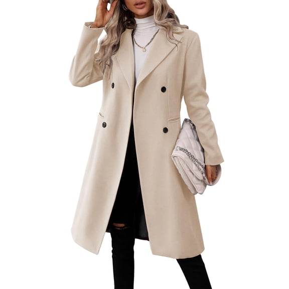 Women's Casual and Stylish Long Solid Color Wool Coat with Double-breasted Lapel Beige L