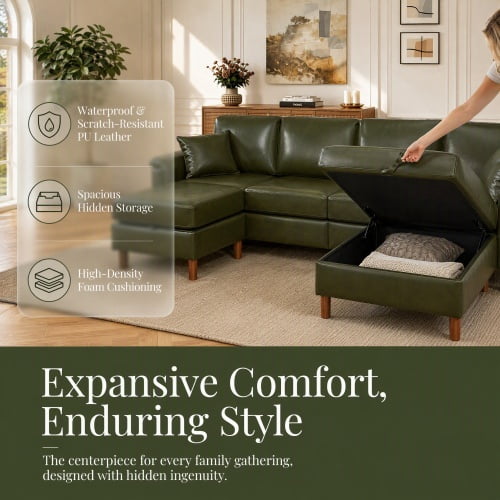 120" U-Shaped Sectional Sofa with 2 Removable Storage Ottomans, Faux Leather Couch, Breathable PU Leather, Solid Wood Frame, Dark Green