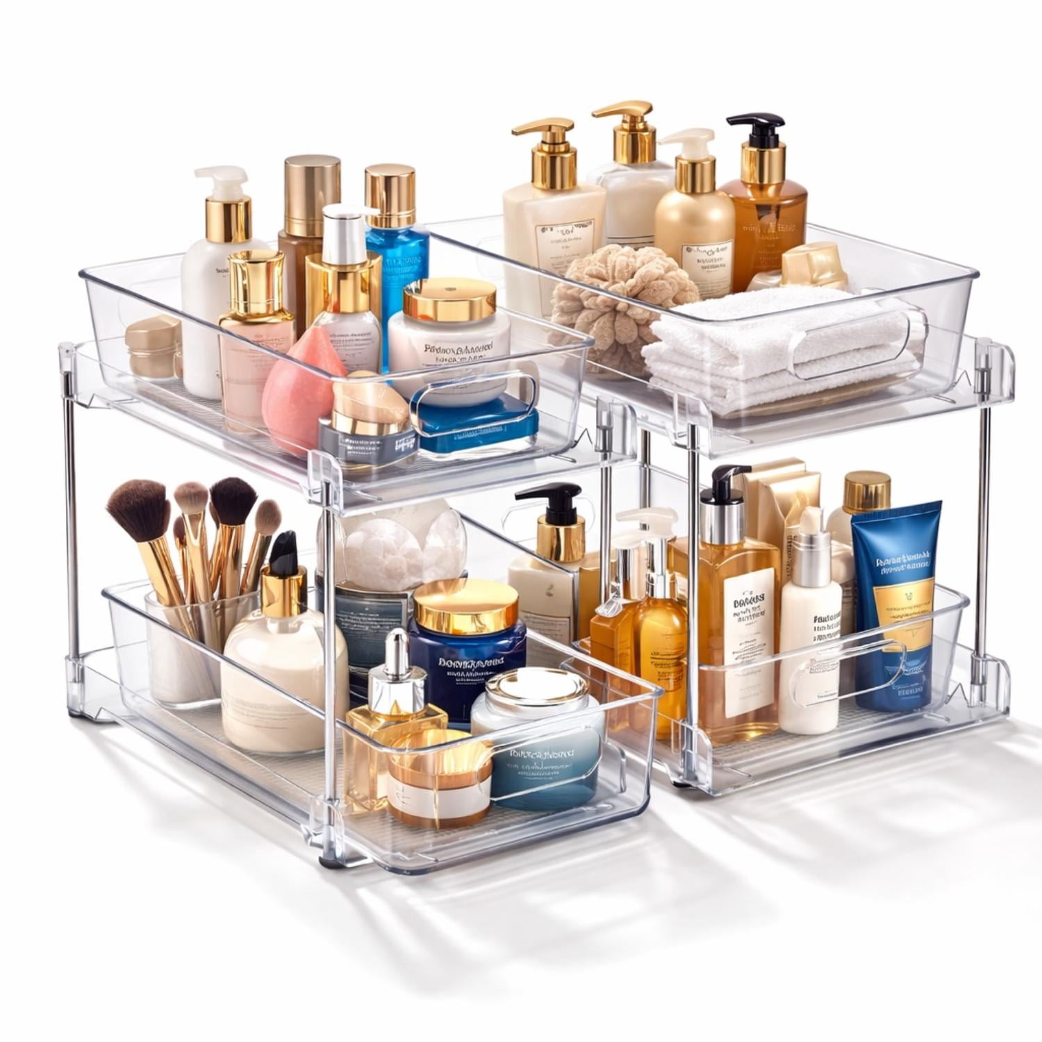 Sorbus Clear 2-Tier Pull-Out Organizer Set, 2-Pack Storage Drawers for Makeup and Skincare
