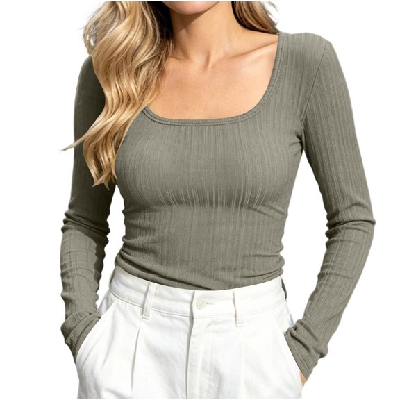 yillto Womens Square Neck Long Sleeve Tops Slim Fitting Undershirt Stretchy Cute Base Layer Shirts