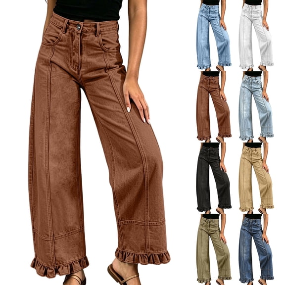 Aezemi Ruffle Jeans for Women Button High Waisted Trendy Denim Pants Fashion Outdoor Ruffle Hem Pants with Pockets S
