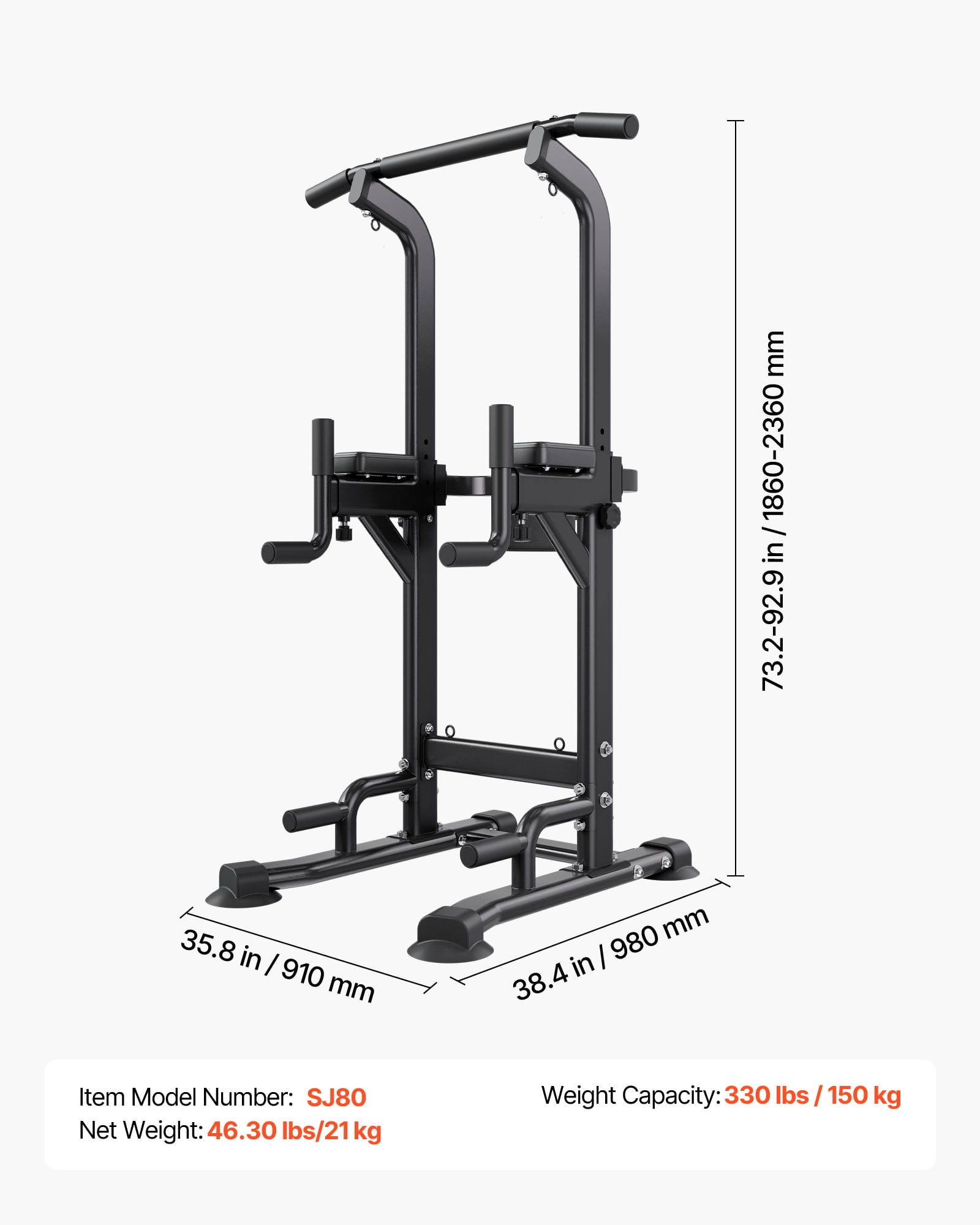 VEVOR Pull Up Bar, 330 LBS Power Tower Dip Station, Workout Dip Station with H-Shaped Stable Base & Back Pad,Adjustable 12 Level Height Free Standing Chin Up Bar for Back, 4-Level Adjustable Back Pad