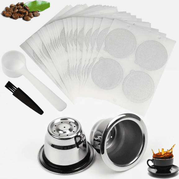 Reusable stainless steel cup coffee box coffee machine filter compatible coffee capsules (2 Cups 100 Lids)