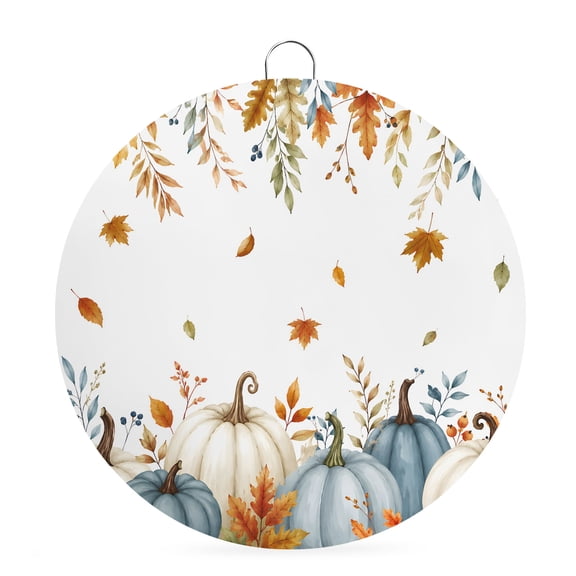 Welcome Sign Front Door Decorations, Blue White Pumpkins Fall Round Wall Art Outdoor Metal Wreaths, Thanksgiving Maple Leaves Seasonal Hanging Sign for Home Porch Decor Warming Gift 8 In