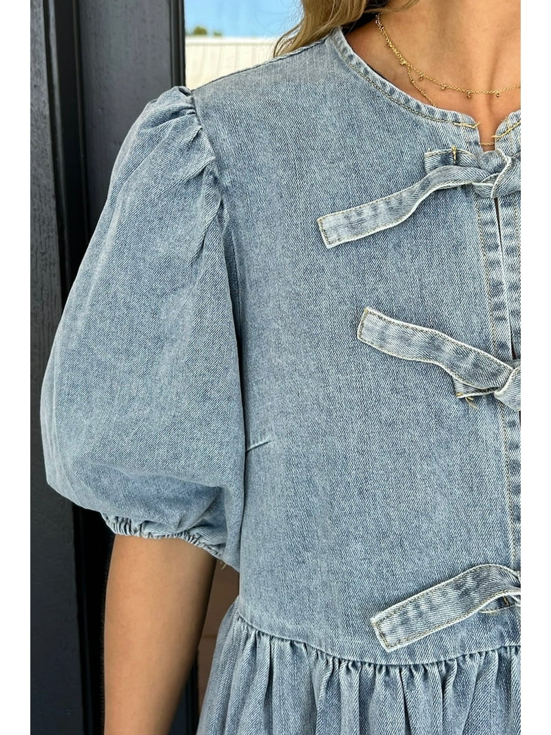 dusk blue dress Cali Chic Women Dress Dusk Blue Ruffled Collared Side Pockets Puff Sle main image 0