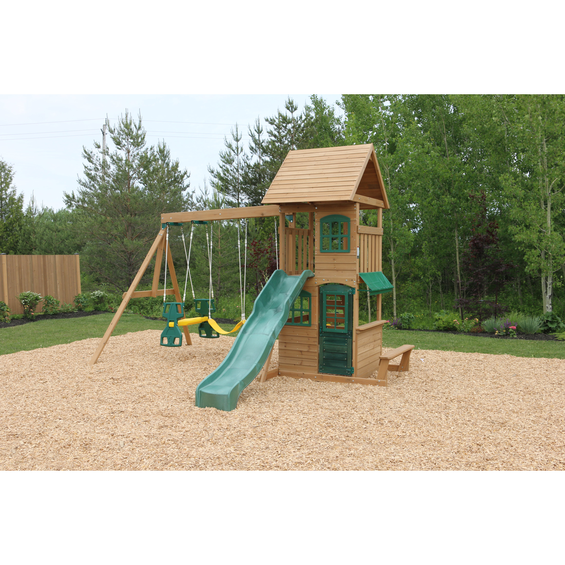KidKraft Windale Wooden Swing Set / Playset with Clubhouse, Swings, Slide, Shaded Table and Bench - image 3 of 12