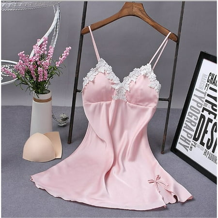 

LSFYSZD Summer Women V-neck Satin Silk Lace Lingerie Night Full Slip Mini Nightgown Sleepwear Dress
